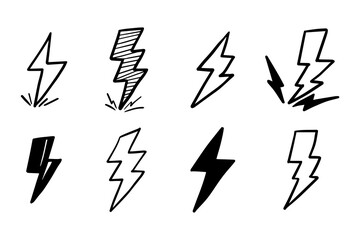 set of hand drawn vector doodle electric lightning bolt symbol sketch illustrations. thunder, vector ilustration - obrazy, fototapety, plakaty