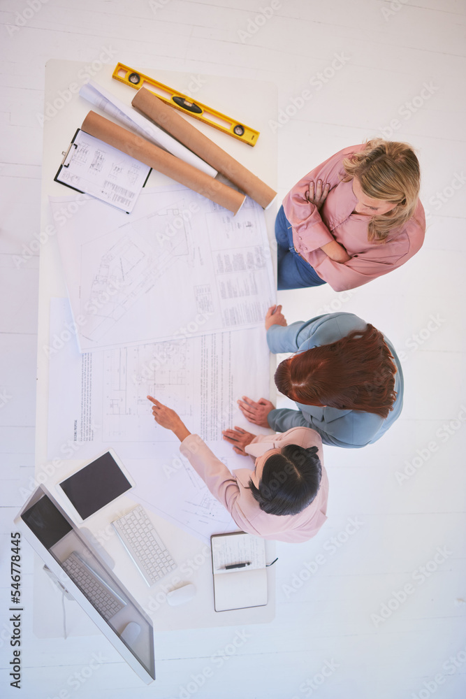 Aufkleber Top view, teamwork and architects with blueprint in office for construction project from above. Meeting, architecture and development planning of contractors or engineers with building design sketch.