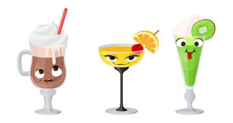 Tropical drink cocktail character flat vector set