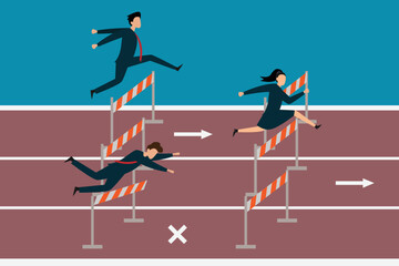 Business people failing jumping over obstacle in a race 2d vector illustration concept for banner, website, illustration, landing page, flyer, etc