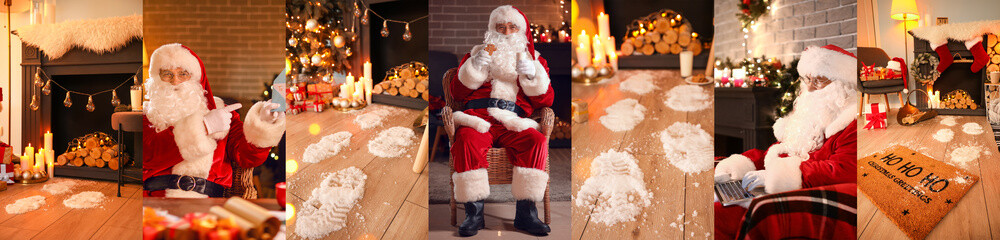 Festive collage with Santa Claus and footprints in room