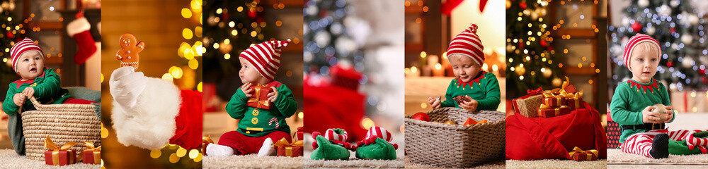 Fototapeta na wymiar Festive collage with little children in Christmas costumes, Santa bag with gifts and cookie