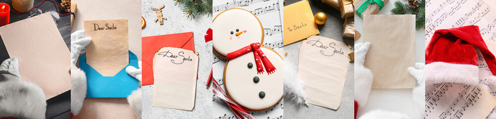Festive collage with Santa Claus with letters, Christmas cookie and music notes