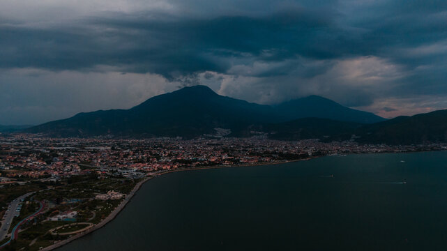 drone cityscape of Fethyie, mountains at the stormy weather
