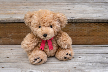 Teddy bear with pink bow sits on the wooden porch