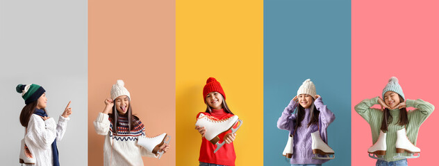 Collage of stylish little girl in winter sweaters and with ice skates on color background