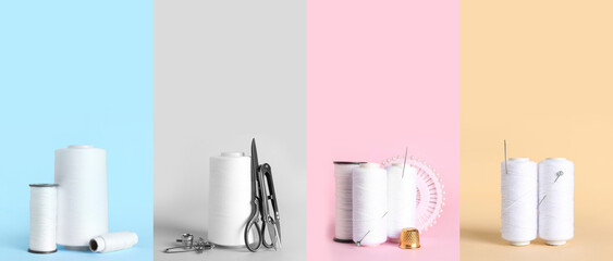 Collage of white thread spools with sewing supplies on color background