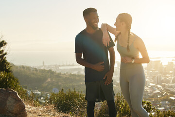 Fitness, nature sunset and diversity friends relax on cardio workout, hiking exercise or couple training. Freedom peace, sky flare and black man and woman running in Los Angeles Hollywood mountains
