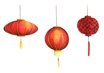 Set of traditional Chinese paper lanterns. Isolated on white background. Hand drawn watercolor sketch illustration.