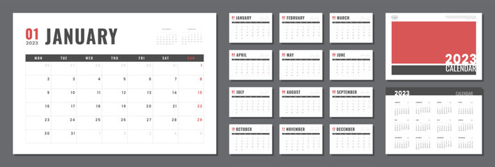 Set of 2023 Calendar Planner Template, and cover with Place for Photo, Company Logo. Vector simple grid layout for wall or desk calendar with week start on Monday for print