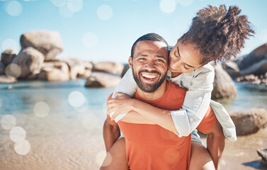 Black couple, love and beach for travel, vacation and adventure in nature with a piggy back game...