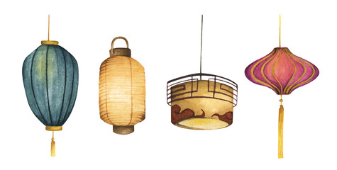 Set of traditional Chinese paper lanterns. Isolated on white background. Hand drawn watercolor sketch illustration.