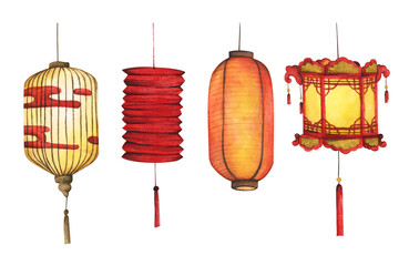 Set of traditional Chinese paper lanterns. Isolated on white background. Hand drawn watercolor sketch illustration.