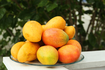 Delicious ripe yellow mangoes on glass plate outdoors