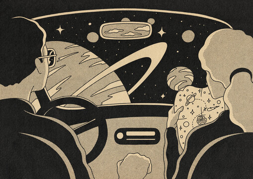Man and Woman In Car Traveling In Space