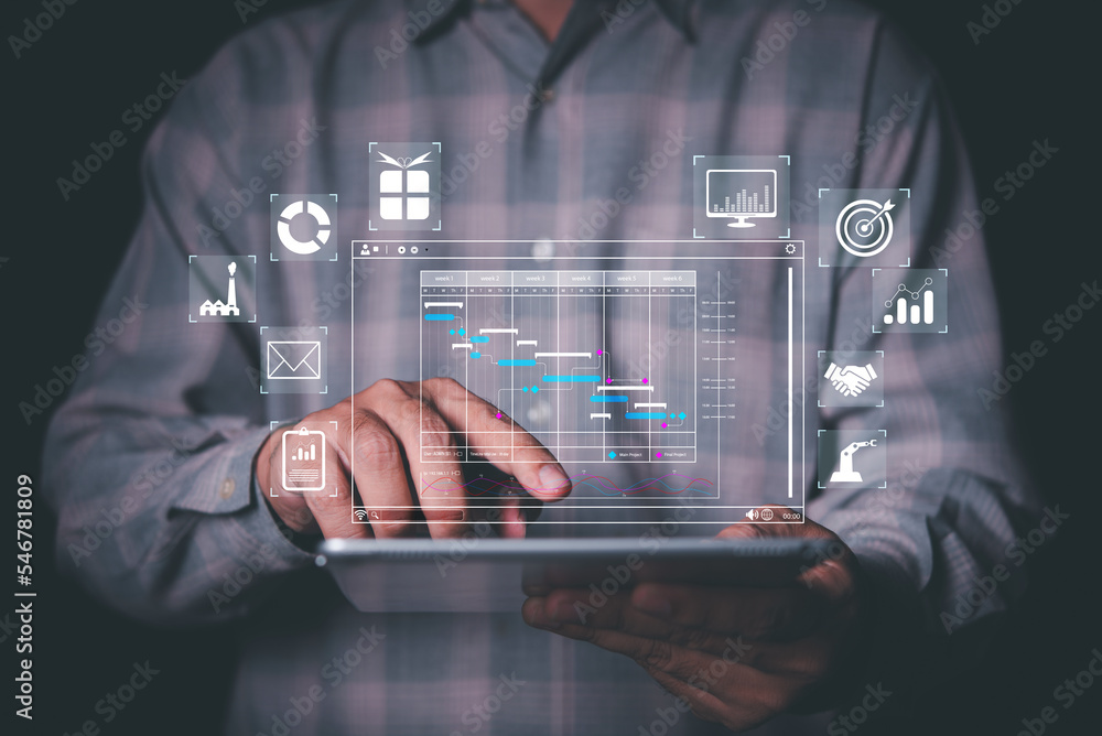 Poster man analyst working with tablet in Business Analytics and Data Management System to make report with KPI and metrics connected to database. Corporate strategy for finance, operations, sales, marketing