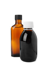 Bottles of syrups on white background. Cough and cold medicine