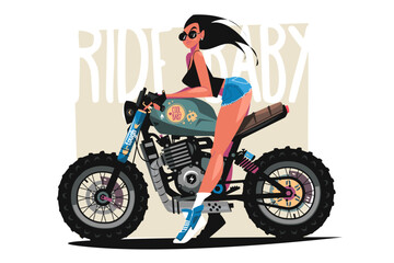 Naklejka na ściany i meble Beautiful biker girl riding motorbike