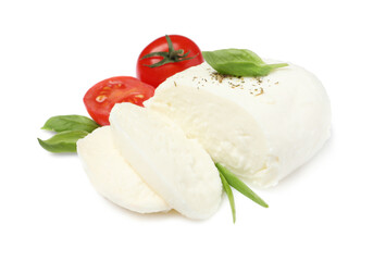Delicious mozzarella with tomatoes and basil leaves on white background