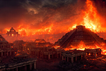 The apocalypse in the Mayan city. Fires and destruction in the ancient Mexican capital. Realistic digital illustration. Fantastic Background. Concept Art. CG Artwork.