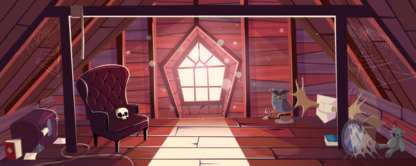 Old house attic with vintage furniture, toys and books. Wooden mansard room with window, spiderweb and flying dust. Garret interior with chair, chest, elk horns, vector cartoon illustration © klyaksun