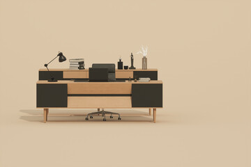 Pastel beige monochrome minimal office table desk. Minimal idea concept for study desk and workspace. Mockup template, 3d rendering
