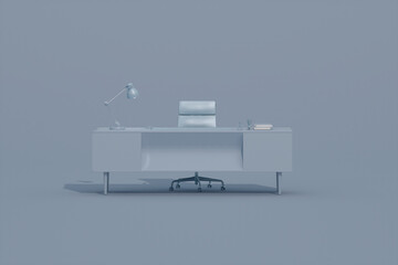 Pastel blue monochrome minimal office table desk. Minimal idea concept for study desk and workspace. Mockup template, 3d rendering 