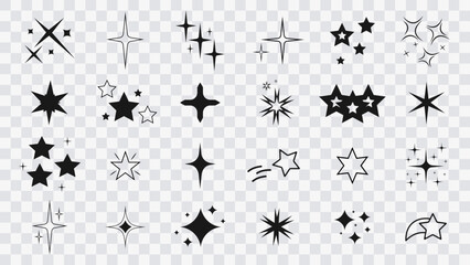 Star icon set on transparent background. Сollection of original vector stars, icons. Bright firework, decoration twinkle, shiny flash. Glowing light effect stars and bursts collection. Vector