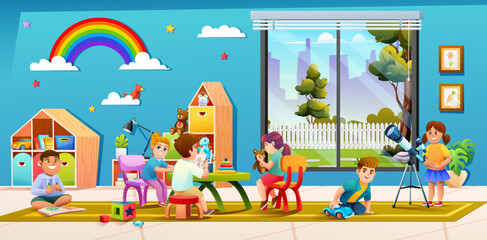 Fototapeta na wymiar Cheerful children playing together in kindergarten classroom cartoon illustration