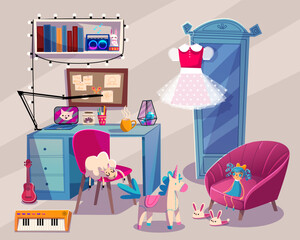 Girl room interior with wardrobe, chair and table. Cute girly bedroom with laptop on desk, books on shell, dress hanging on cupboard, toys and music instruments, vector cartoon illustration