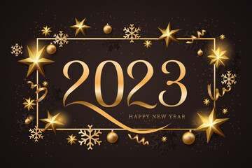 2023 Happy New Year Background golden color Design. Greeting Card, Banner, Poster. Vector Illustration.