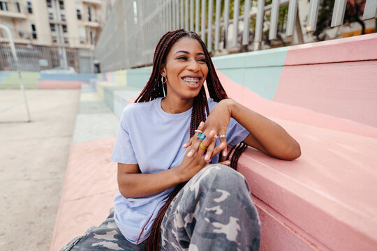 Smiling black woman with braces