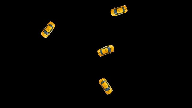 3D animation of yellow cars driving in circles isolated on a black background