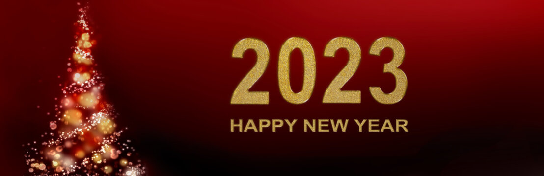 2023 happy new year written with golden number glitting on red and background with abstract christmas tree