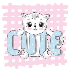 Hand drawn cute cat kitten pink cheeks isolated on a pink patch background and the inscription Cute