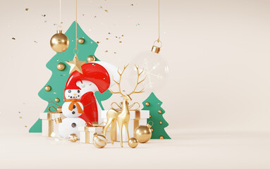 Christmas backgrounds decorate with minimal New year event theme. Merry Christmas scene for product display mock up banner. Gold glass ball in Xmas winter scene. Greeting card new year. 3D render.