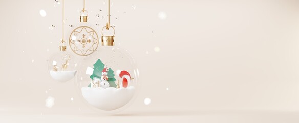 Christmas backgrounds decorate with minimal New year event theme. Merry Christmas scene for product display mock up banner. Gold glass ball in Xmas winter scene. Greeting card new year. 3D render.
