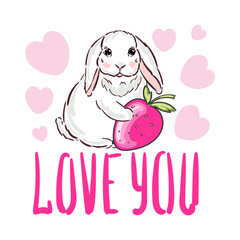 Hand drawn cute bunny, pink hearts and text Love you cartoon character rabbit vector illustration childish design print