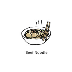 Thai beef noodle soup, freehand drawn vector illustration on white background