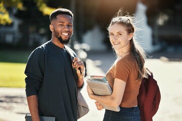 Students, couple or university friends walking together with books for education and learning on...