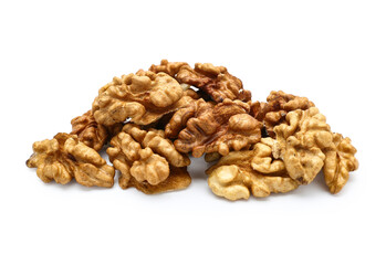 Heap of walnut kernels on white background