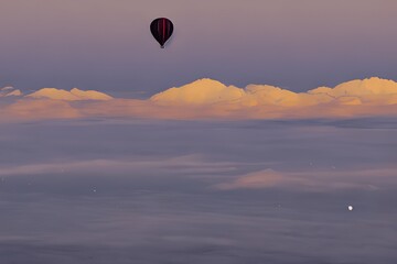 Hand draw, hot air balloons soar above clouds towards the universe 