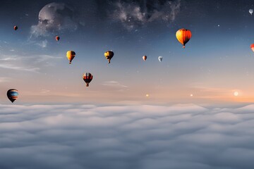 Hand draw, hot air balloons soar above clouds towards the universe with the moon in the background
