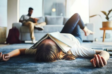 Burnout, student and tired woman with book on her face for knowledge exhaustion and fatigue. College, university and problem with a female lying on the floor covered in a notebook for studying