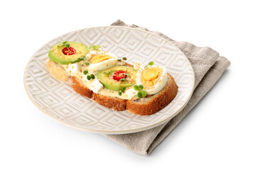 Plate of tasty toast with boiled egg and avocado on white background