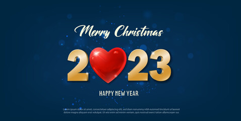 vector 2023 happy new year with red heart in the middle and merry christmas banner. Celebration background. Greeting banner and poster.