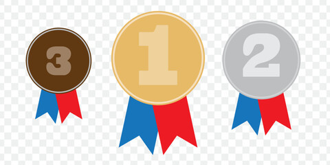Gold, silver and bronze medals with blue ribbon flat vector icons for sports apps and websites