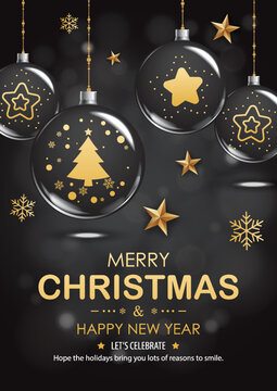 Merry christmas with glass ball for flyer brochure design on black background invitation theme concept. Happy holiday greeting banner and card template.
