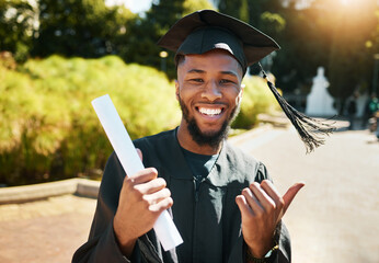 Student graduation, black man with certificate in outdoor park or portrait of goal achievement in...