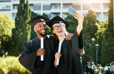 Graduation, selfie and friends smile for school success education and university certificate....